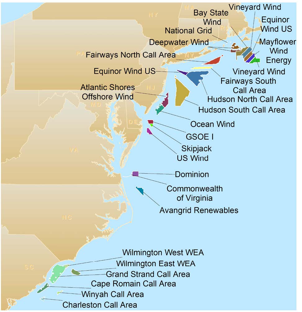Map locations of offshore wind on the east coast of the United States.