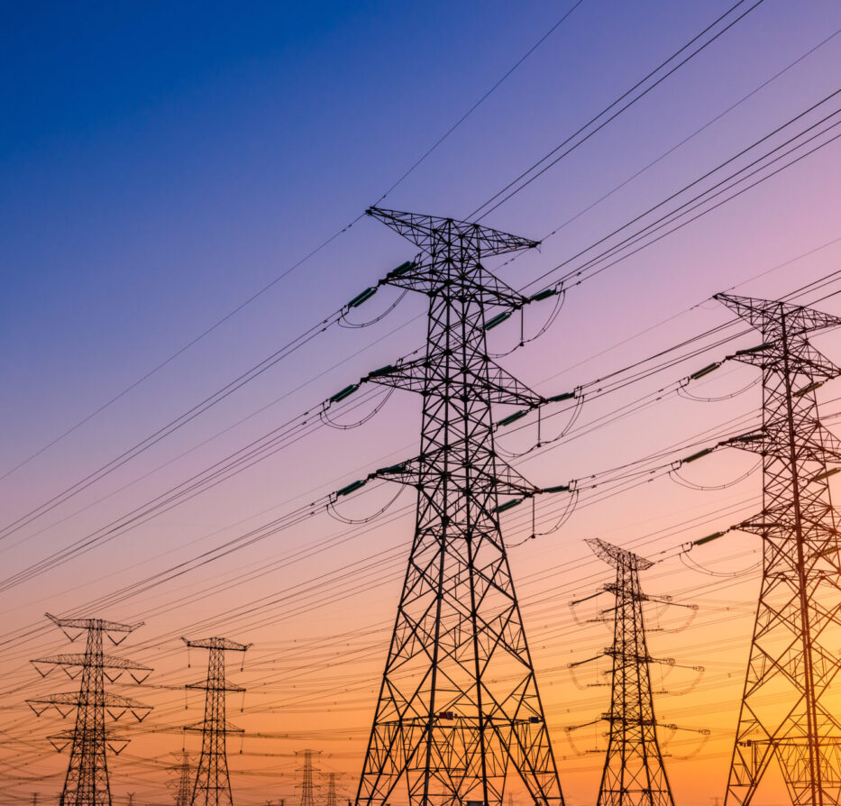 High voltage electricity tower sky sunset landscape, industrial