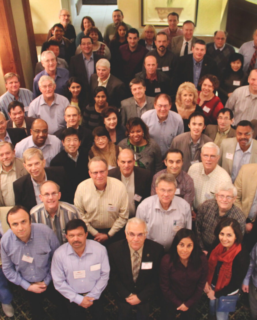 Birds eye view of a group of employees in a lobby area.