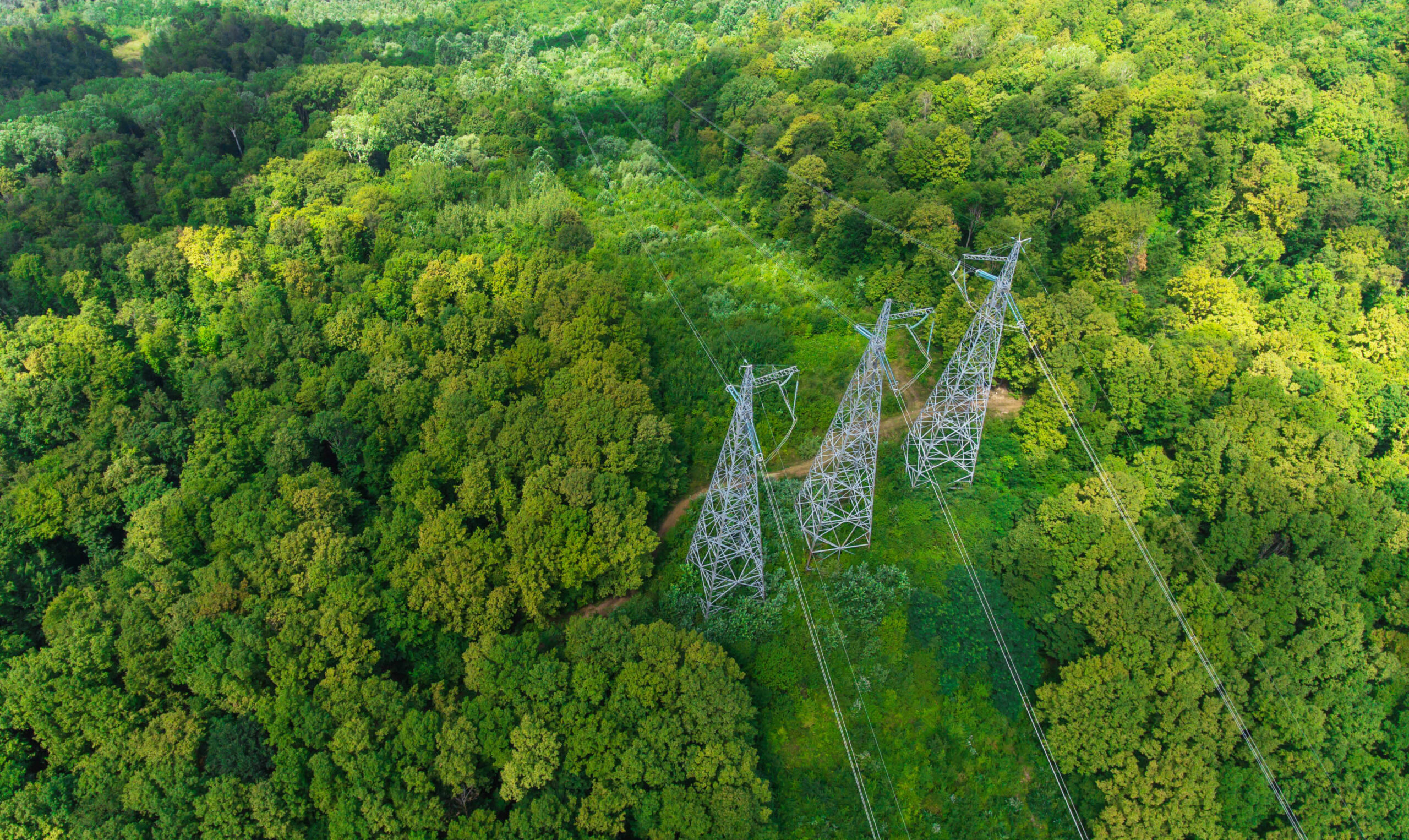 Aerial view. High voltage metal post. High-voltage towers in the forest.