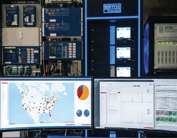 RTDS Technologies lab with desktop computers in front, containing a map feature and data analysis.