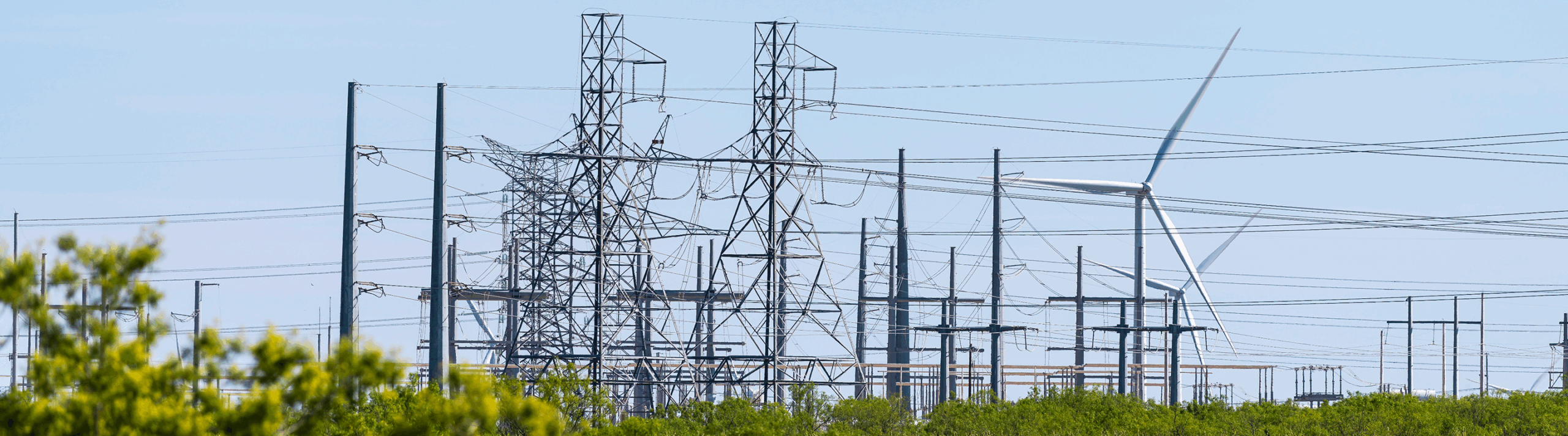 Windmills and transmission lines in the same horizon above greenery