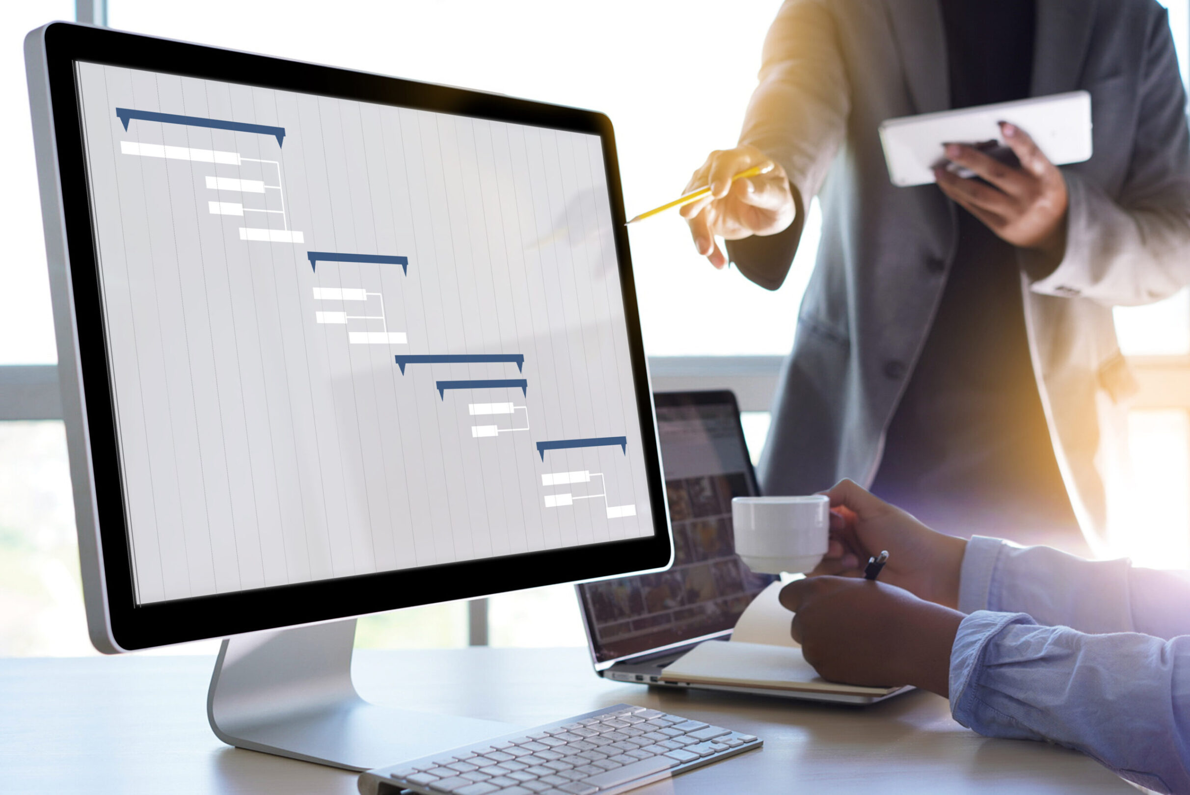 Project schedule in computer with employee pointing.