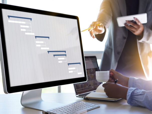 Project schedule in computer with employee pointing.