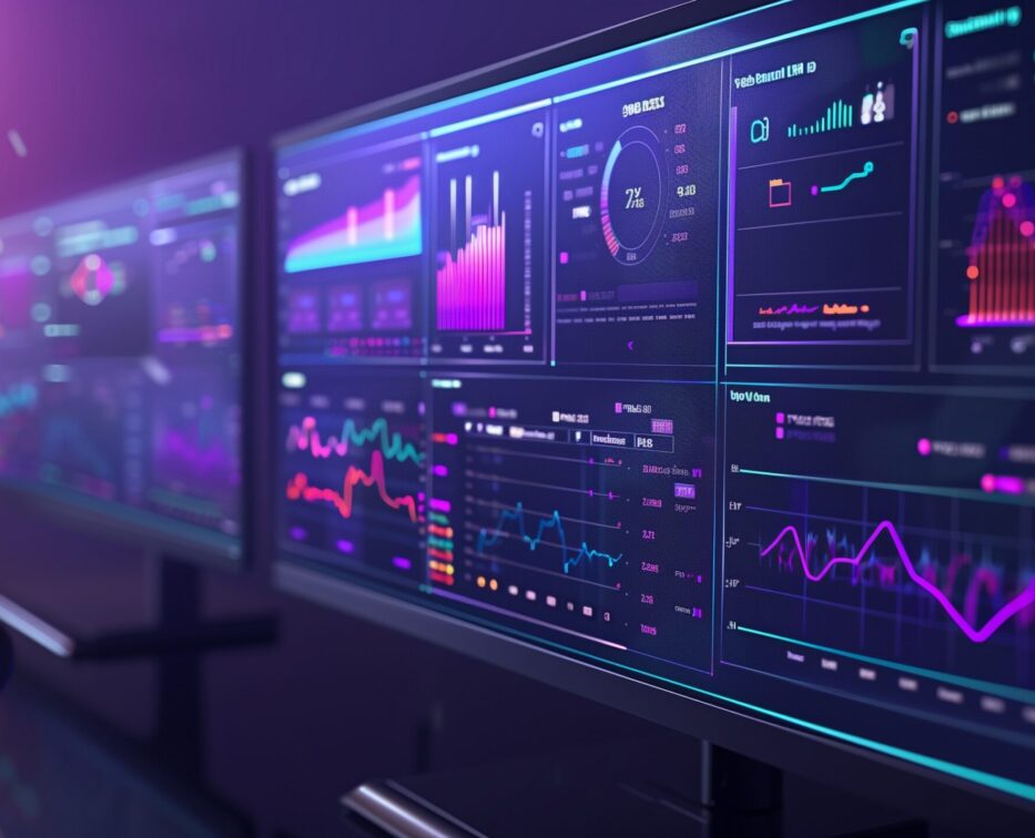 Computer monitor displaying an abstract network monitoring dashboard with real-time data analytics, graphs, and system health indicators.
