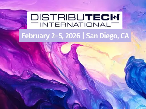 Purple, blue, and yellow swirl background with Distributech International logo on top.