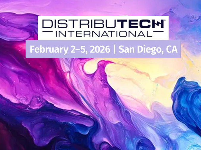 Purple, blue, and yellow swirl background with Distributech International logo on top.