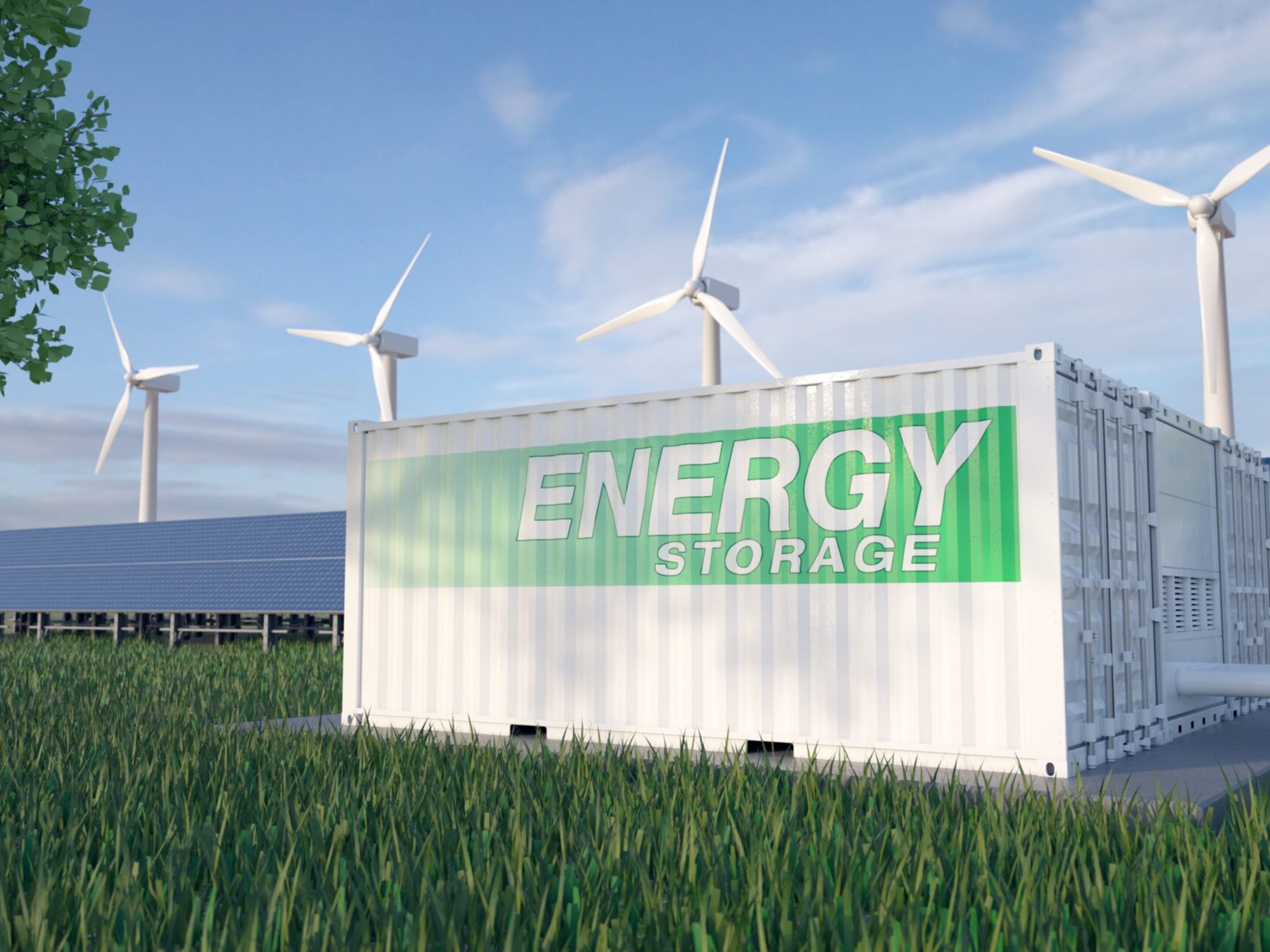 battery energy storage with solar and wind powered energy.