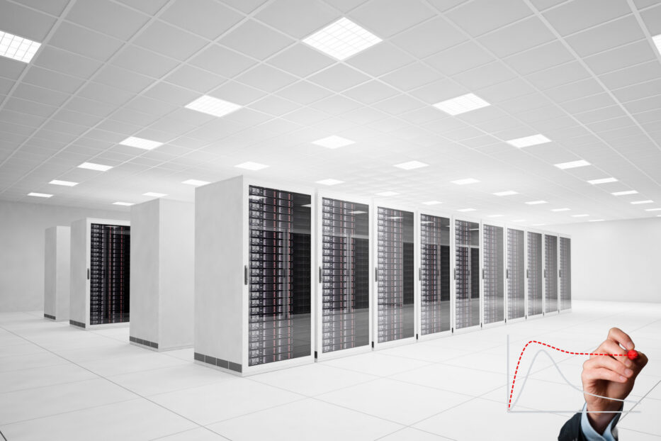 Data center image with graphic on top showing stabilizing curve graph.