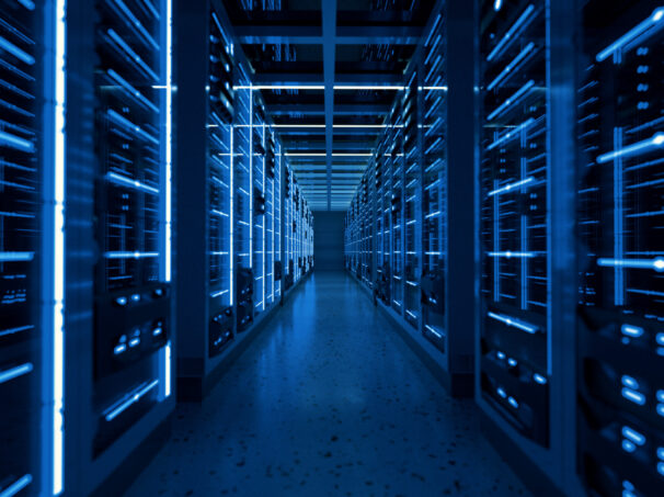 Server racks in computer network security server room data center. 3D render dark blue