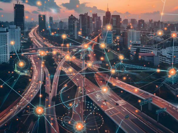 City with digital nodes overlay.