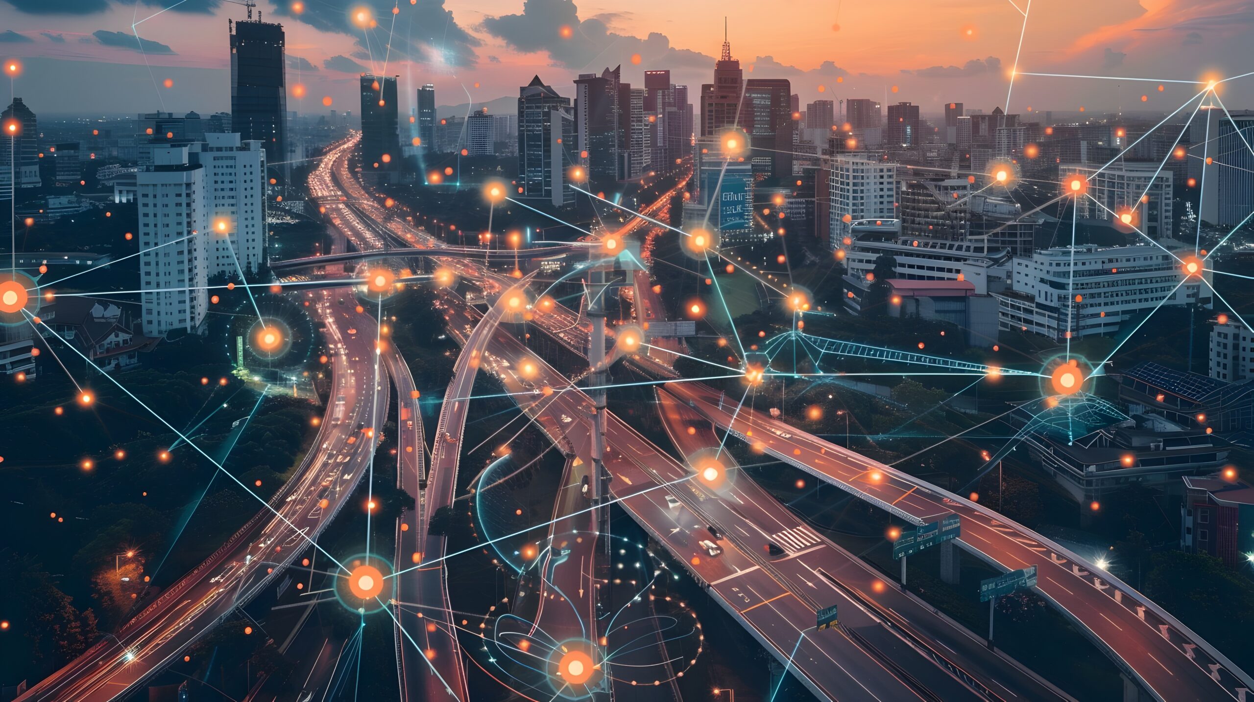 City with digital nodes overlay.