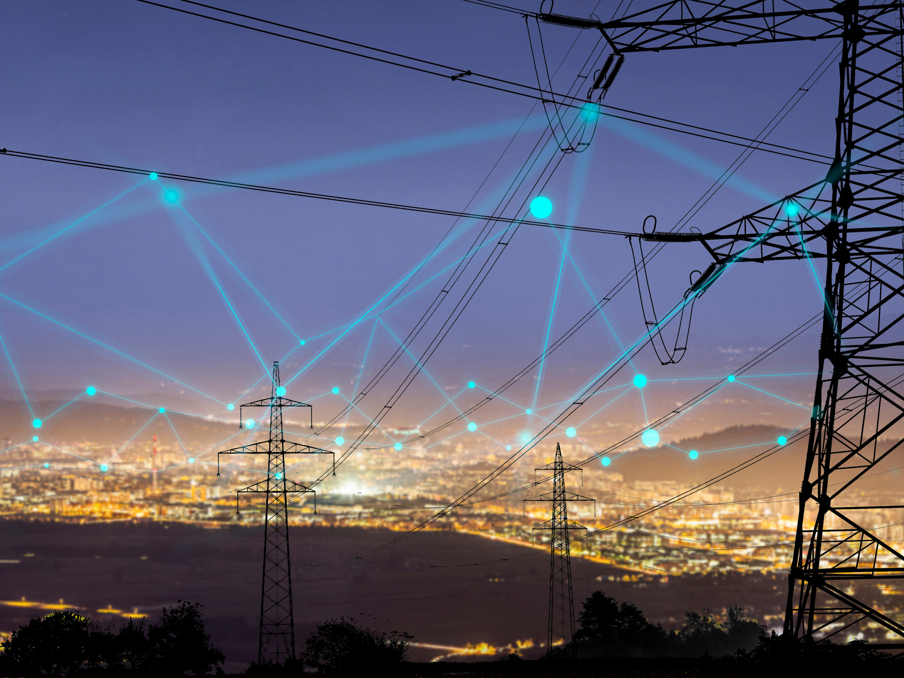 high power electricity poles connected to smart grid.
