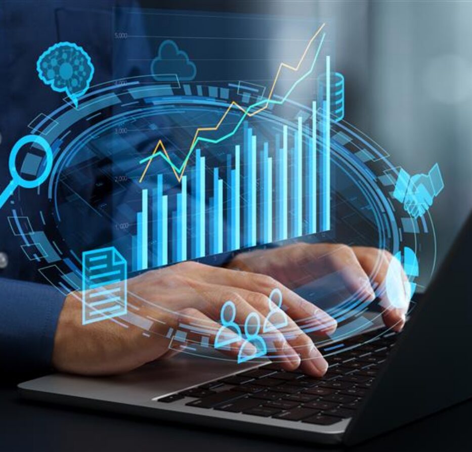 Person typing with holographic data analytics and problem solving dashboard.