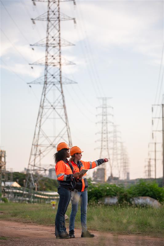 Engineers and transmission towers for power system.