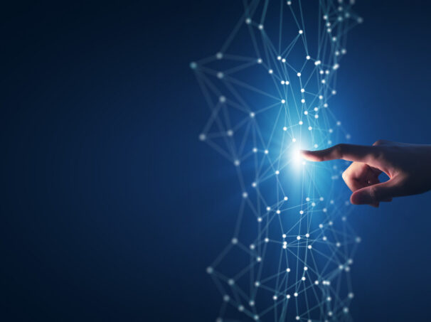 Abstract hand touching digital transformation.
